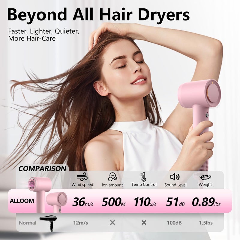 Alloom Hair Dryer, 160000 RPM Professional High-Speed Blow Dryer 500 Millions Negative Ionic Care Hair Dryer for Fast Drying, Low Noise Thermo-Control Hairdryer, Travel with Magnetic Diffuser & Nozzle, Pink - Image 5